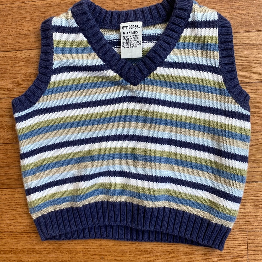 VINTAGE Gymboree Baby size 6-12M Striped Sweater Vest - Navy, Green, blue, White